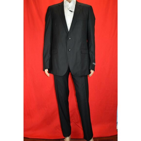 NWT DOLCE GABBANA BLACK WOOL STRIPE TWO BUTTON SUIT EUR 56 US 46 - Picture 1 of 12